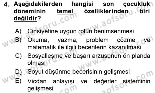 Çocuk Gelişimi Dersi Ara Sınavı Deneme Sınav Soruları 4. Soru