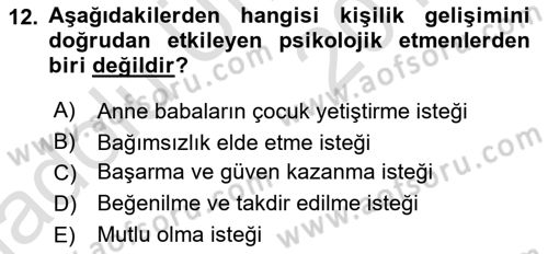 Çocuk Gelişimi Dersi 2018 - 2019 Yılı 3 Ders Sınav Soruları 12. Soru
