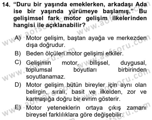 Çocuk Gelişimi Dersi Ara Sınavı Deneme Sınav Soruları 14. Soru