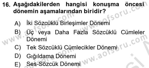 Çocuk Gelişimi Dersi Ara Sınavı Deneme Sınav Soruları 16. Soru