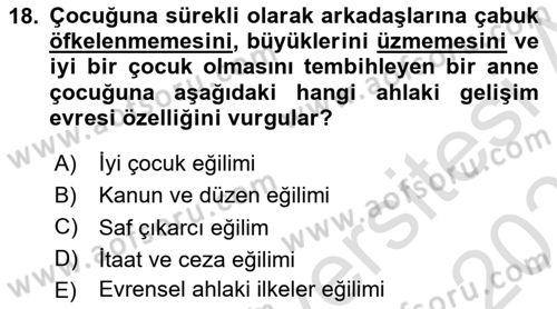 Çocuk Gelişimi Dersi 2022 - 2023 Yılı Yaz Okulu Sınav Soruları 18. Soru