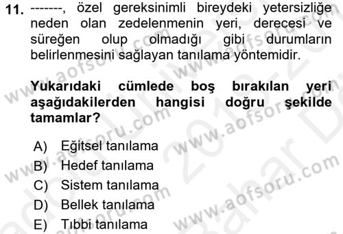 Gelişimsel Tanı Ve Değerlendirme Yöntemleri Dersi 2018 - 2019 Yılı (Vize) Ara Sınavı 11. Soru