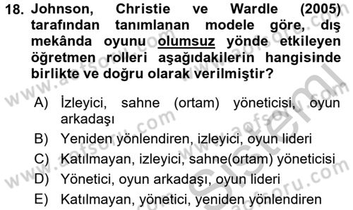 Çocuk Ve Oyun Dersi 2016 - 2017 Yılı 3 Ders Sınav Soruları 18. Soru