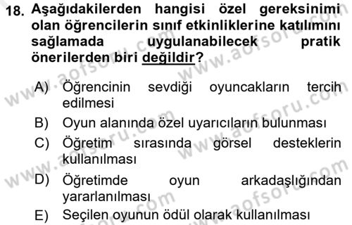 Çocuk Ve Oyun Dersi 2017 - 2018 Yılı 3 Ders Sınav Soruları 18. Soru