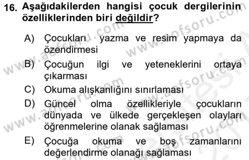 Çocuk Edebiyatı Ve Medya Dersi 2016 - 2017 Yılı (Final) Dönem Sonu Sınav Soruları 16. Soru