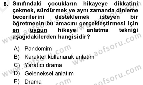 Çocuk Edebiyatı Ve Medya Dersi 2017 - 2018 Yılı 3 Ders Sınav Soruları 8. Soru