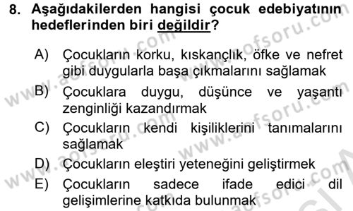 Çocuk Edebiyatı Ve Medya Dersi Ara Sınavı Deneme Sınav Soruları 8. Soru