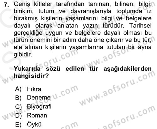 Çocuk Edebiyatı Ve Medya Dersi 2017 - 2018 Yılı (Final) Dönem Sonu Sınav Soruları 7. Soru