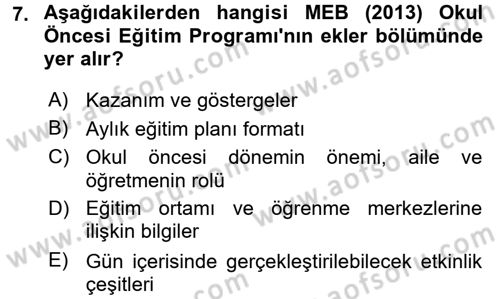 Çocuk Gelişiminde Program Dersi 2017 - 2018 Yılı (Final) Dönem Sonu Sınav Soruları 7. Soru