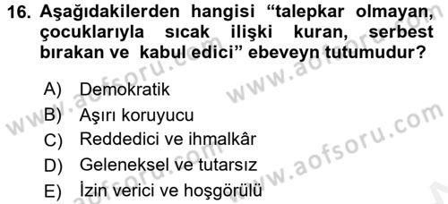 Aile Eğitimi Dersi 2016 - 2017 Yılı (Final) Dönem Sonu Sınav Soruları 16. Soru