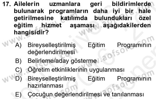 Aile Eğitimi Dersi 2016 - 2017 Yılı (Final) Dönem Sonu Sınav Soruları 17. Soru