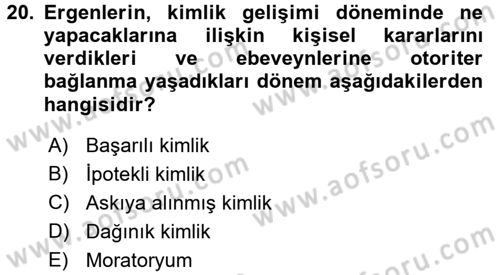 Aile Eğitimi Dersi 2016 - 2017 Yılı (Final) Dönem Sonu Sınav Soruları 20. Soru