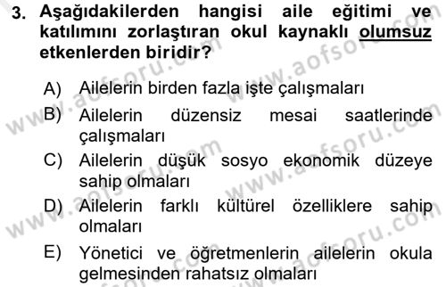 Aile Eğitimi Dersi 2016 - 2017 Yılı (Final) Dönem Sonu Sınav Soruları 3. Soru