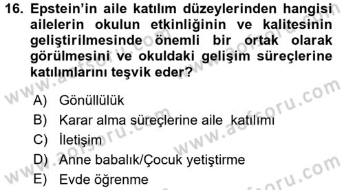Aile Eğitimi Dersi Ara Sınavı Deneme Sınav Soruları 16. Soru