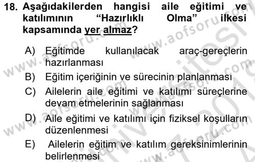 Aile Eğitimi Dersi Ara Sınavı Deneme Sınav Soruları 18. Soru