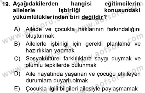 Aile Eğitimi Dersi Ara Sınavı Deneme Sınav Soruları 19. Soru