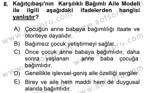 Aile Eğitimi Dersi Ara Sınavı Deneme Sınav Soruları 8. Soru