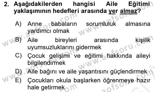 Aile Eğitimi Dersi 2017 - 2018 Yılı (Final) Dönem Sonu Sınav Soruları 2. Soru