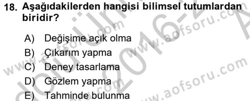 Çocuk, Bilim Ve Teknoloji Dersi 2016 - 2017 Yılı (Vize) Ara Sınav Soruları 18. Soru