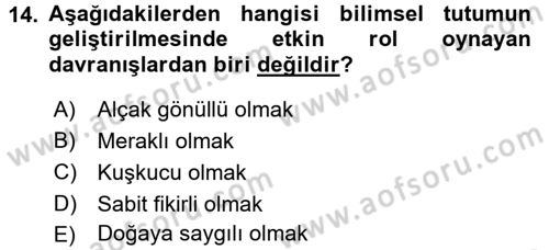 Çocuk, Bilim Ve Teknoloji Dersi 2017 - 2018 Yılı (Vize) Ara Sınav Soruları 14. Soru