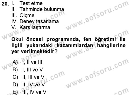 Çocuk, Bilim Ve Teknoloji Dersi 2017 - 2018 Yılı (Vize) Ara Sınav Soruları 20. Soru