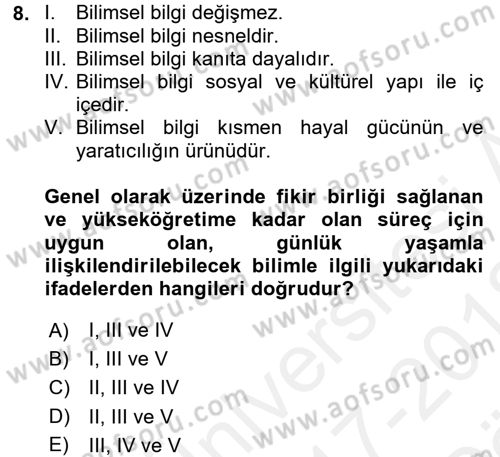 Çocuk, Bilim Ve Teknoloji Dersi 2017 - 2018 Yılı (Vize) Ara Sınav Soruları 8. Soru