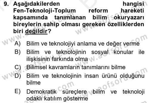 Çocuk, Bilim Ve Teknoloji Dersi 2017 - 2018 Yılı (Vize) Ara Sınavı 9. Soru