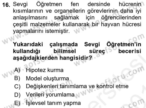 Çocuk, Bilim Ve Teknoloji Dersi 2018 - 2019 Yılı (Vize) Ara Sınav Soruları 16. Soru