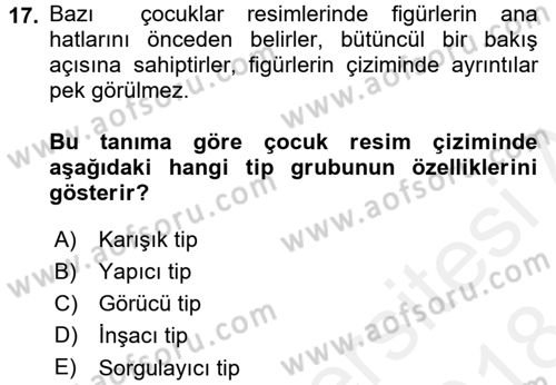 Çocukta Sanat Eğitimi Ve Yaratıcılık Dersi 2017 - 2018 Yılı (Final) Dönem Sonu Sınav Soruları 17. Soru