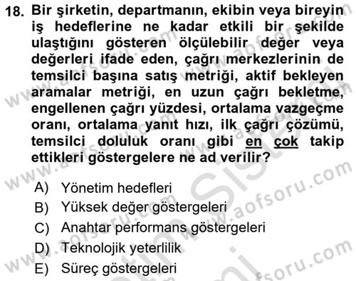 Çağrı Merkezi Yönetimi 1 Dersi 2023 - 2024 Yılı (Final) Dönem Sonu Sınav Soruları 18. Soru