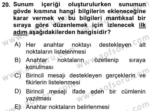 Toplantı Ve Sunu Teknikleri Dersi 2018 - 2019 Yılı (Final) Dönem Sonu Sınav Soruları 20. Soru