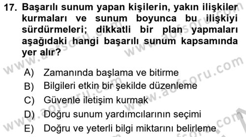 Toplantı Ve Sunu Teknikleri Dersi 2018 - 2019 Yılı Yaz Okulu Sınav Soruları 17. Soru