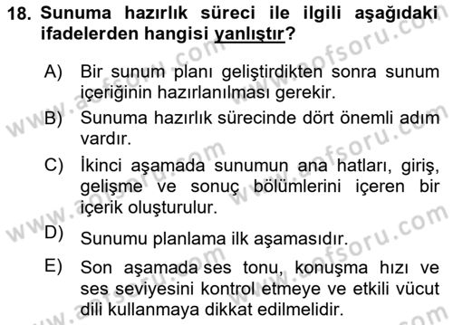 Toplantı Ve Sunu Teknikleri Dersi 2020 - 2021 Yılı Yaz Okulu Sınav Soruları 18. Soru