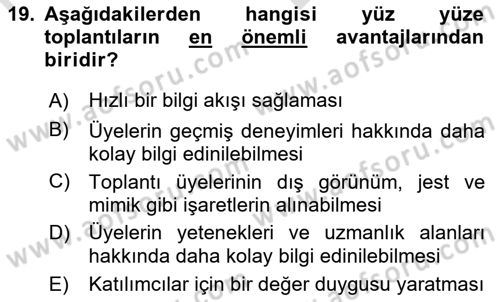 Toplantı Ve Sunu Teknikleri Dersi 2021 - 2022 Yılı (Vize) Ara Sınav Soruları 19. Soru