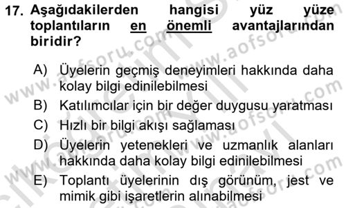 Toplantı Ve Sunu Teknikleri Dersi 2023 - 2024 Yılı (Vize) Ara Sınav Soruları 17. Soru