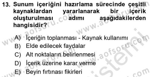 Toplantı Ve Sunu Teknikleri Dersi 2023 - 2024 Yılı (Final) Dönem Sonu Sınav Soruları 13. Soru