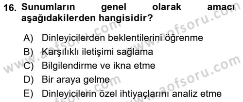 Toplantı Ve Sunu Teknikleri Dersi 2023 - 2024 Yılı (Final) Dönem Sonu Sınav Soruları 16. Soru