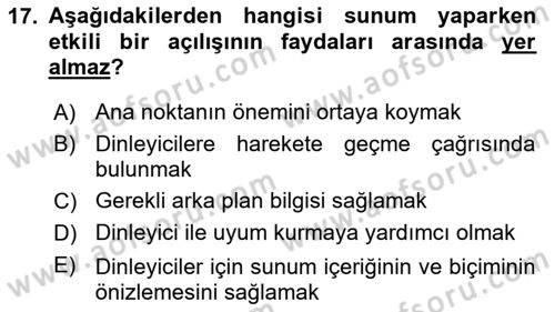 Toplantı Ve Sunu Teknikleri Dersi 2023 - 2024 Yılı Yaz Okulu Sınav Soruları 17. Soru