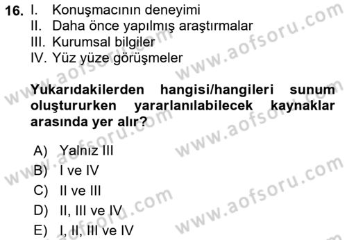 Toplantı Ve Sunu Teknikleri Dersi 2024 - 2025 Yılı (Final) Dönem Sonu Sınav Soruları 16. Soru