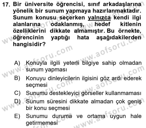 Toplantı Ve Sunu Teknikleri Dersi 2024 - 2025 Yılı (Final) Dönem Sonu Sınav Soruları 17. Soru