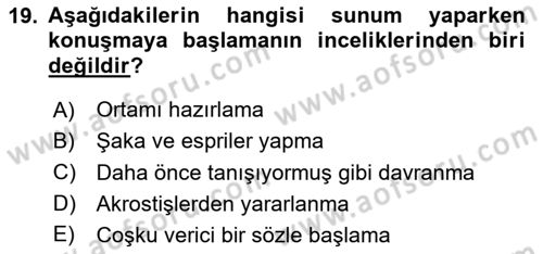 Toplantı Ve Sunu Teknikleri Dersi 2024 - 2025 Yılı Yaz Okulu Sınav Soruları 19. Soru