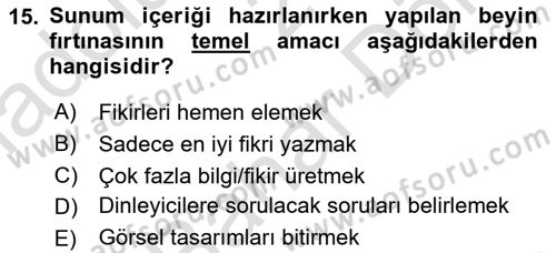 Toplantı Ve Sunu Teknikleri Dersi 2025 - 2026 Yılı (Final) Dönem Sonu Sınav Soruları 15. Soru