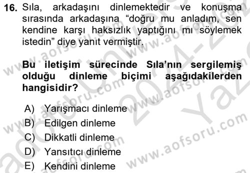 Çatışma ve Stres Yönetimi 1 Dersi 2024 - 2025 Yılı Yaz Okulu Sınav Soruları 16. Soru