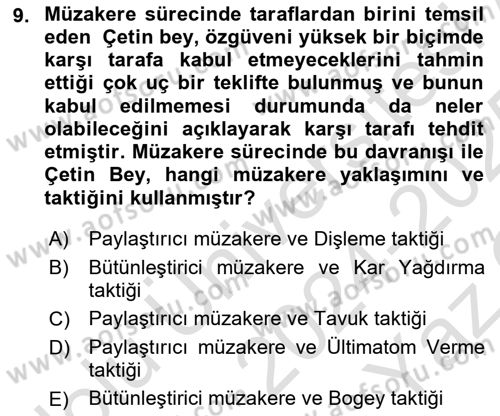 Çatışma ve Stres Yönetimi 1 Dersi 2024 - 2025 Yılı Yaz Okulu Sınav Soruları 9. Soru