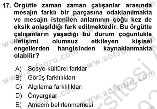 Çatışma ve Stres Yönetimi 1 Dersi 2025 - 2026 Yılı Yaz Okulu Sınav Soruları 17. Soru