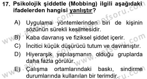 Çatışma ve Stres Yönetimi 2 Dersi 2017 - 2018 Yılı 3 Ders Sınav Soruları 17. Soru