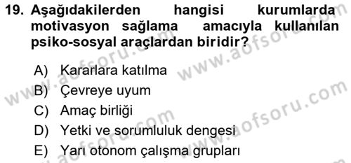 İş ve Yaşamda Motivasyon Dersi 2016 - 2017 Yılı (Final) Dönem Sonu Sınav Soruları 19. Soru