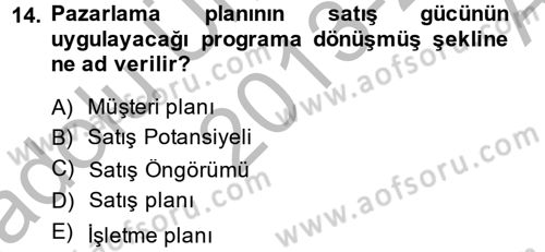 Satış Yönetimi ve Telefonda Satış Dersi 2013 - 2014 Yılı (Vize) Ara Sınavı 14. Soru