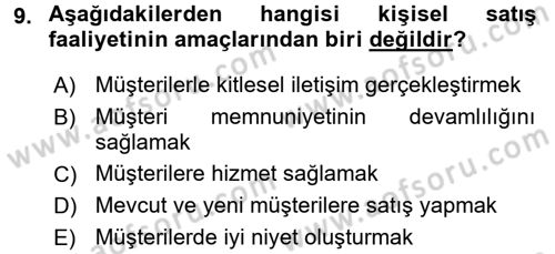 Satış Yönetimi ve Telefonda Satış Dersi 2015 - 2016 Yılı (Vize) Ara Sınav Soruları 9. Soru