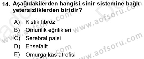 Bakıma Gereksinimi Olan Engelli Bireyler 1 Dersi 2017 - 2018 Yılı (Final) Dönem Sonu Sınav Soruları 14. Soru